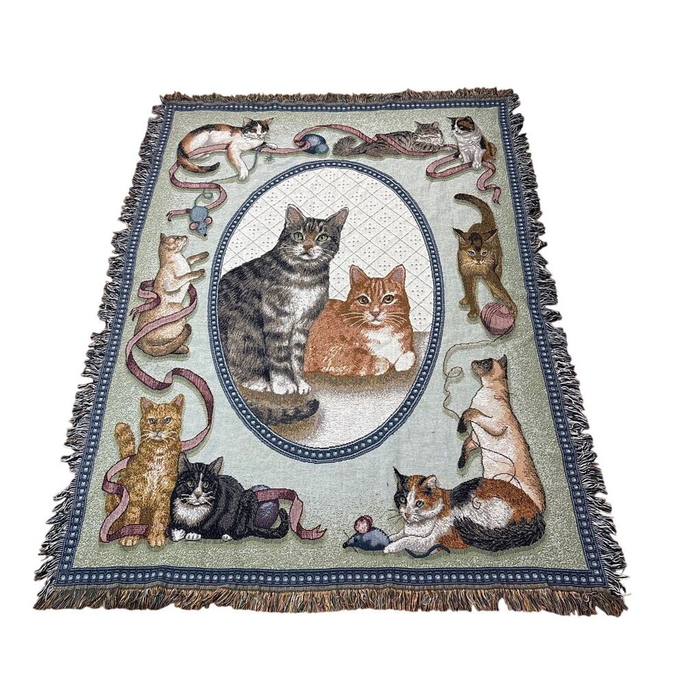 Vintage Cat Kitten Novelty Tapestry Quilt Blanket Decor Antique Rustic 51x68